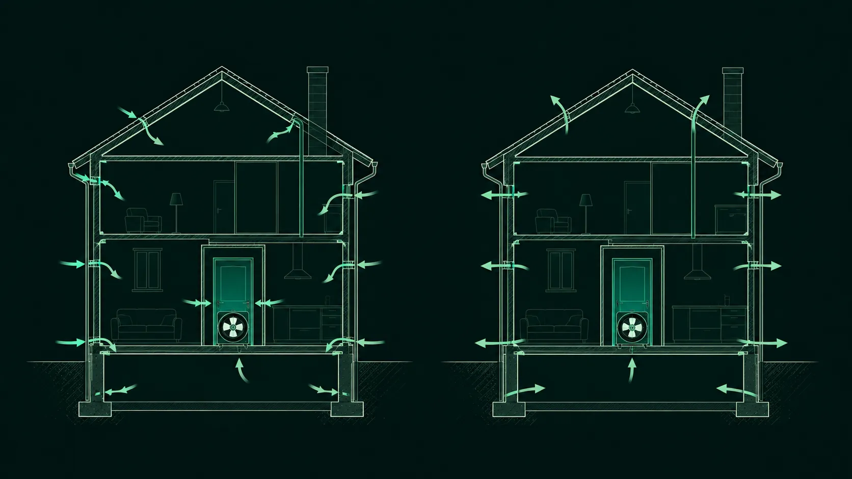 À gauche, le bâtiment en dépression : l'air extérieur s'infiltre par les défauts. À droite, en surpression : l'air intérieur s'échappe vers l'extérieur.