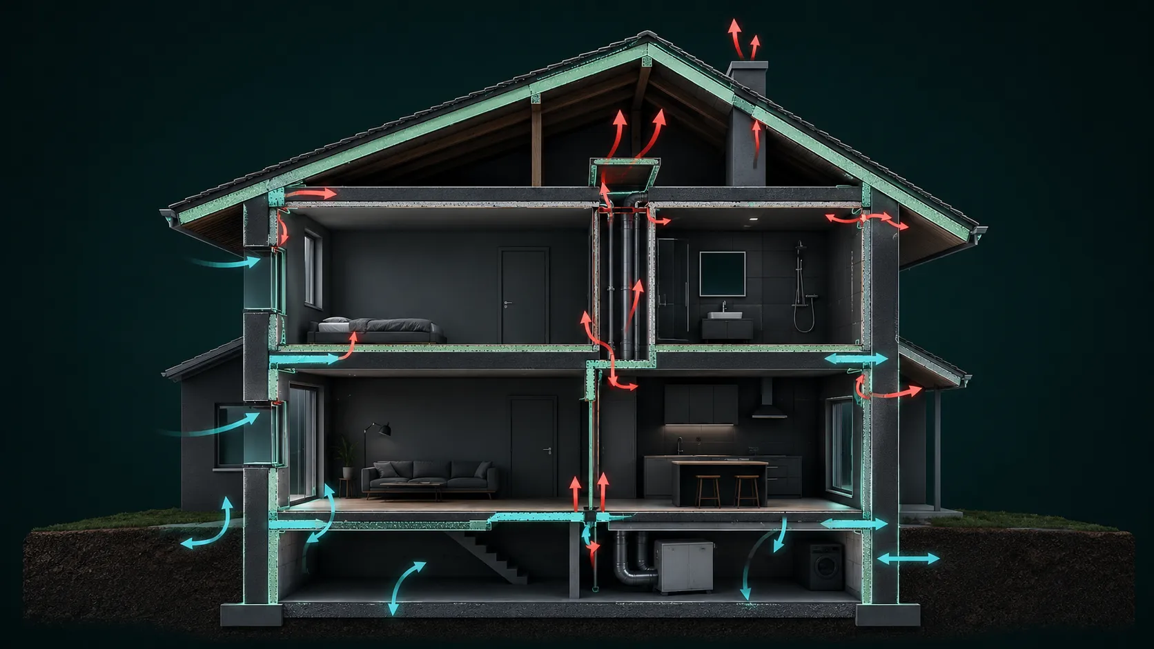 Coupe d'une maison montrant les flux d'air parasites à travers les défauts de l'enveloppe : l'air chaud s'échappe par le haut, l'air froid s'infiltre par le bas.
