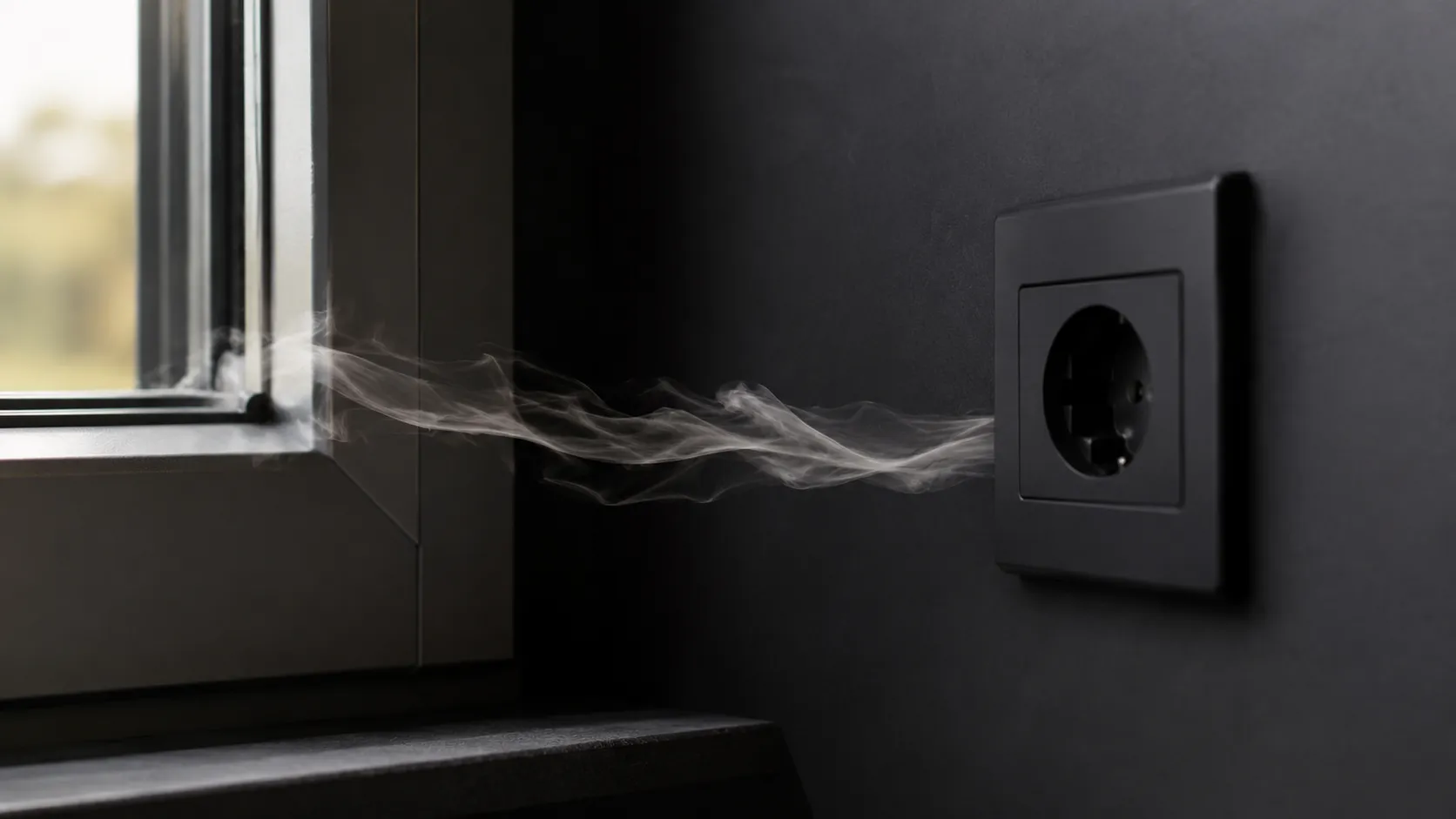 Test à la fumée : un filet de fumée révèle visuellement le courant d'air parasite à la jonction d'une fenêtre.